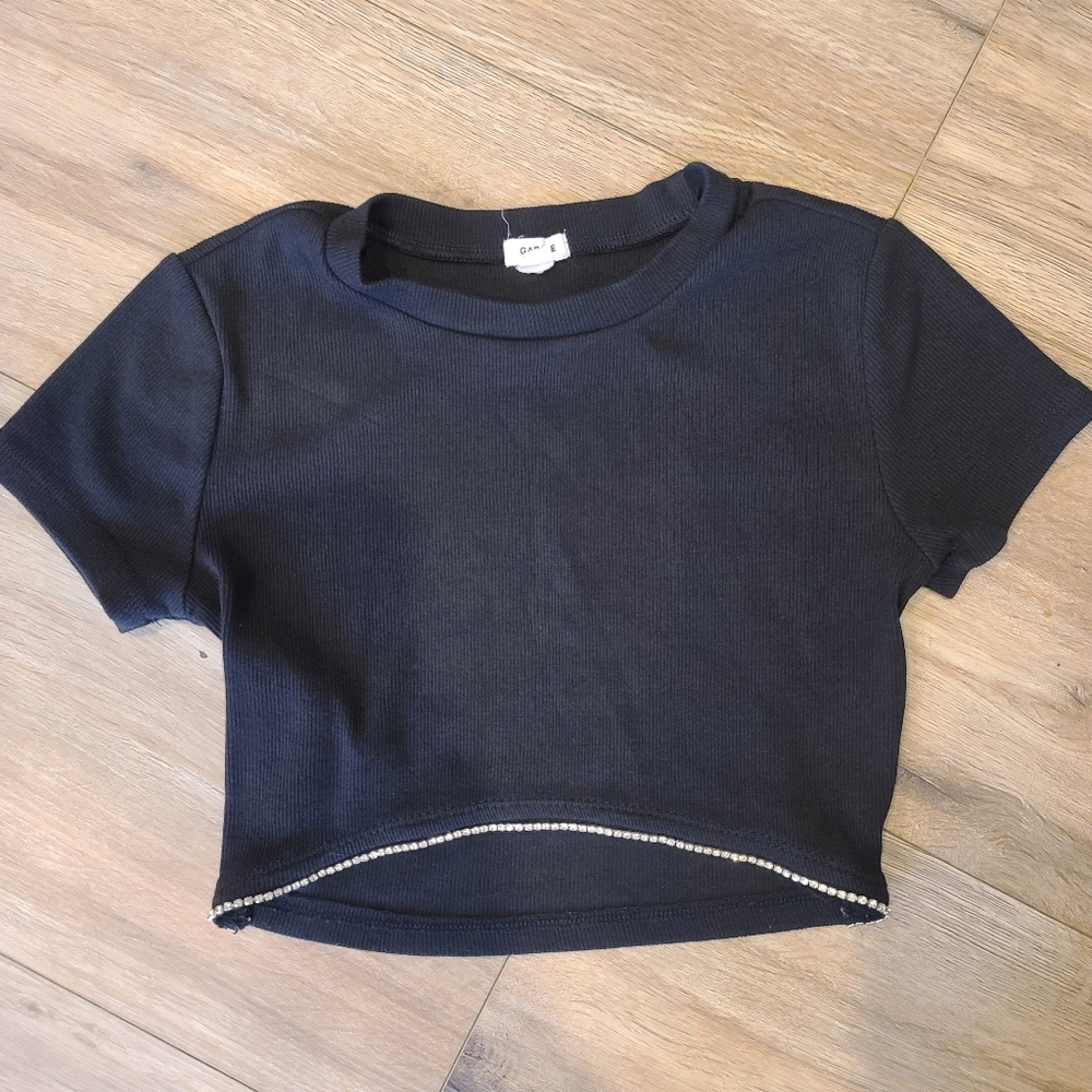 Garage,Black Crop Top with Rhinestone Detail At Hemline. Small